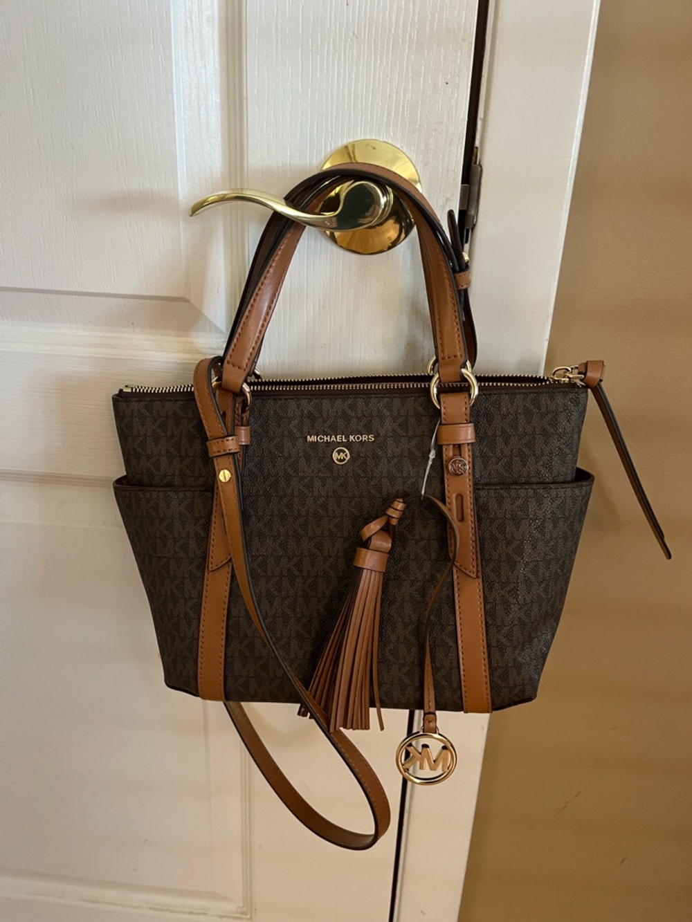 Michael Kors Brown Monogram Tote with Tan Leather Trim - Picture 5 of 5